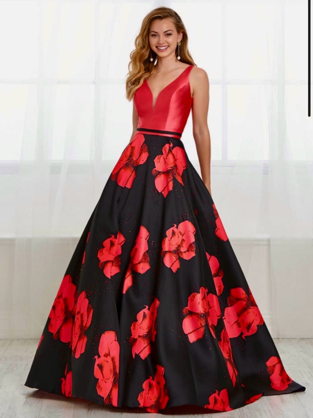 Tiffany Designs Red V-Neck Ball Gown with Black Floral Skirt